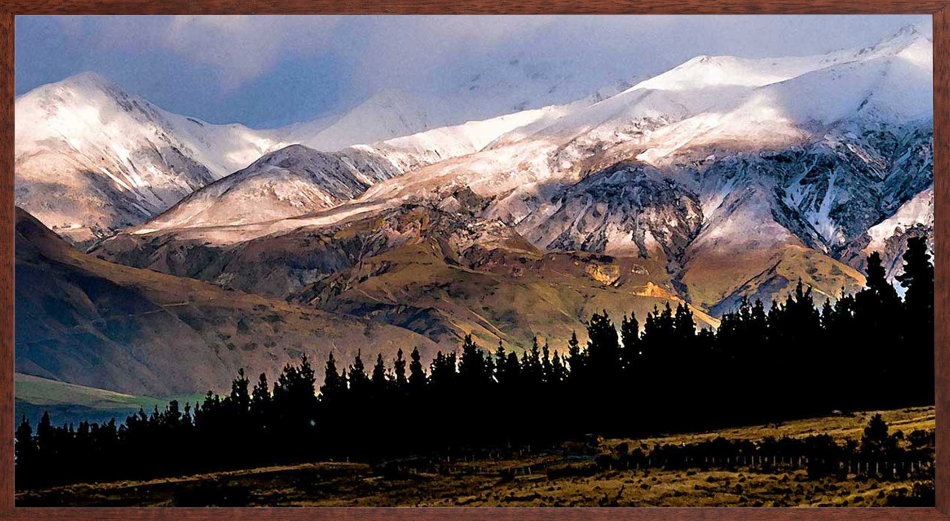 Painted effect of snowy mountains with a line of black trees.